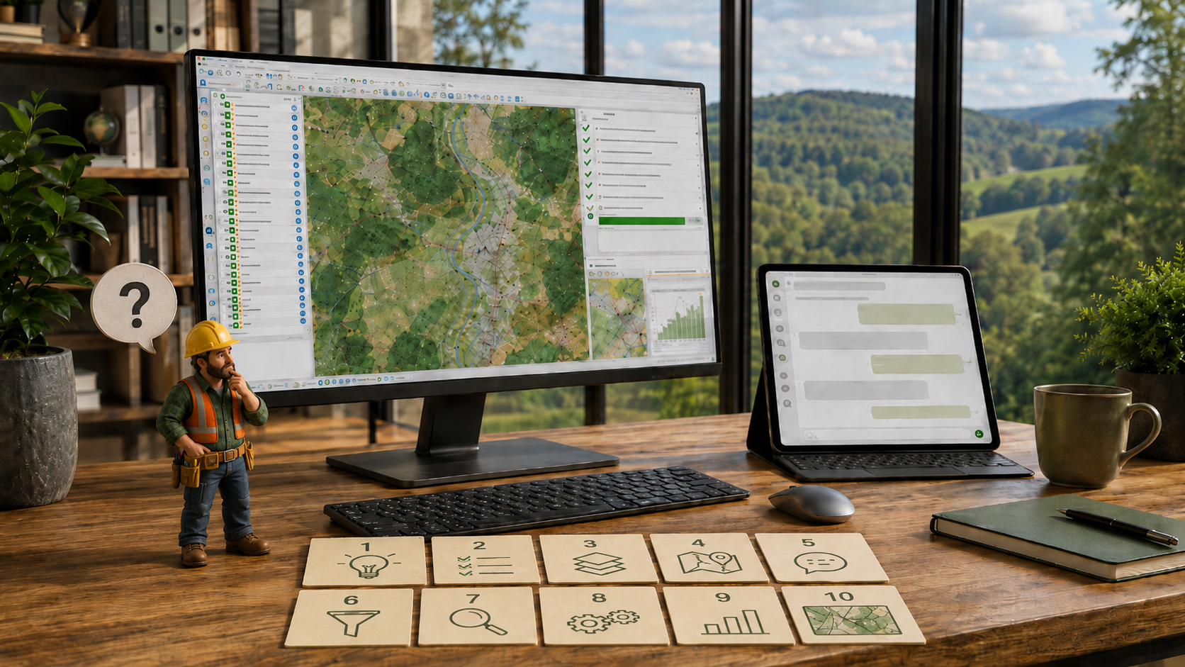 GIS-Arbeitsplatz mit QGIS-Karte und Chat-Tablet, davor zehn beschriftete Karten als Sinnbild für zehn Tipps zum KI-Start mit QGIS